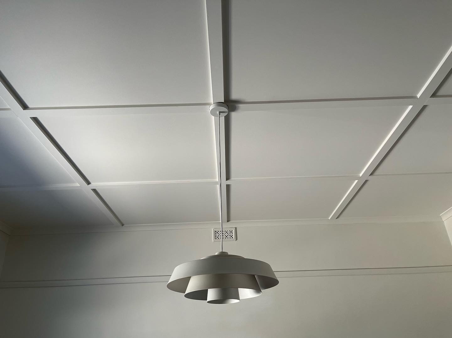 Finished Adelaide period coffered ceiling with pendant light